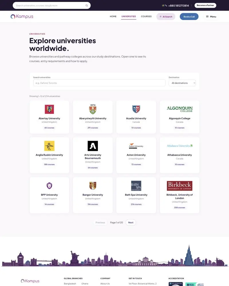 Kampus Group universities directory showing 234 universities with search and destination filter