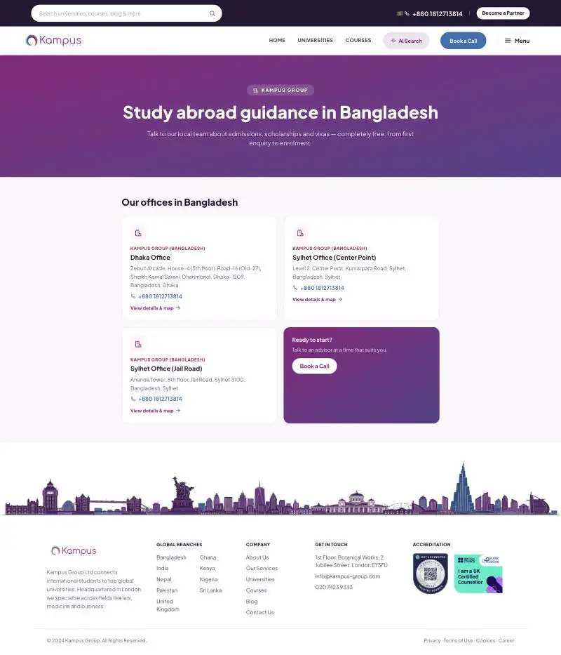 Kampus Group Bangladesh page listing the Dhaka office in Dhanmondi and two Sylhet offices, Center Point and Jail Road