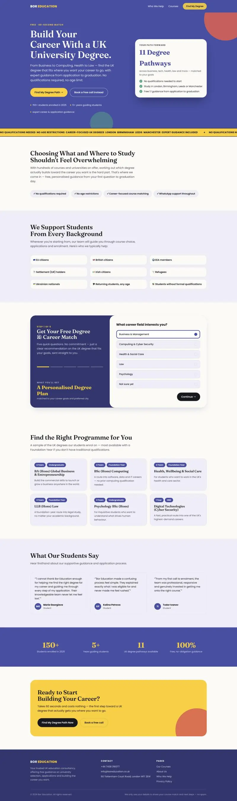 Bor Education degree-match landing page on desktop: indigo hero reading Build Your Career With a UK University Degree, a yellow marquee, who we help, the five-step AI course matcher, courses, student testimonials, stats and a final call to action