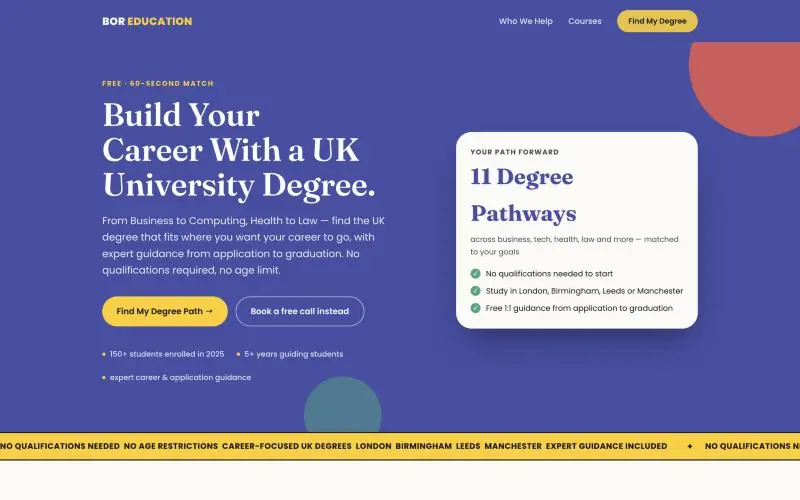 Bor Education degree-match landing page