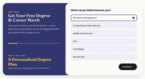The AI Course Matcher on the new Bor Education landing page: step 1 of 5, what career field interests you, with six tap-to-answer options