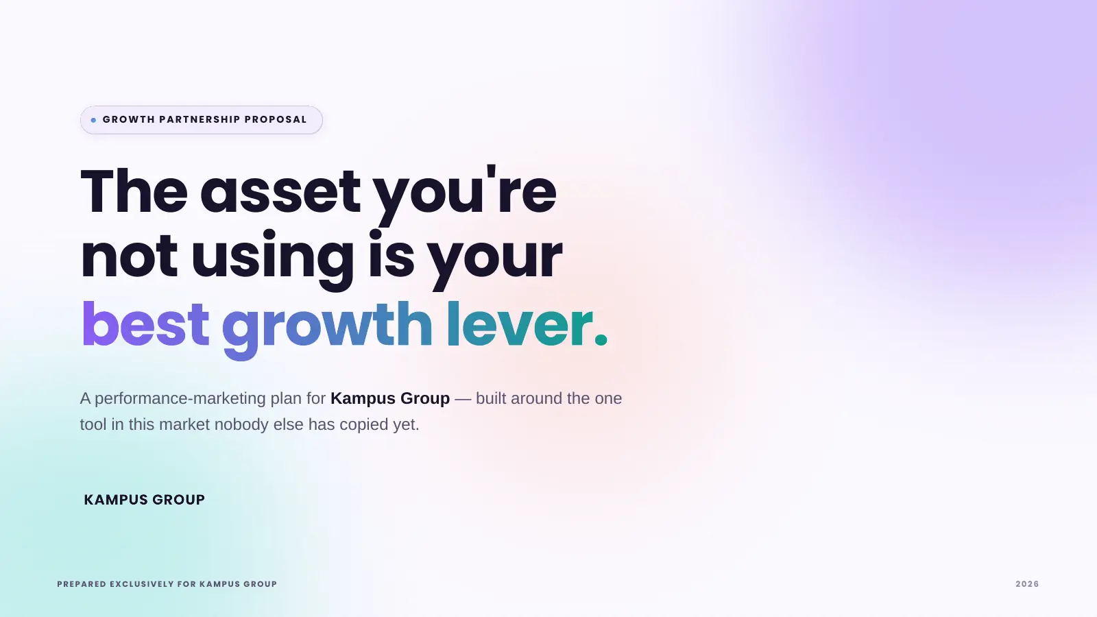 Slide 1: Cover: The asset you are not using is your best growth lever. A performance-marketing plan for Kampus Group