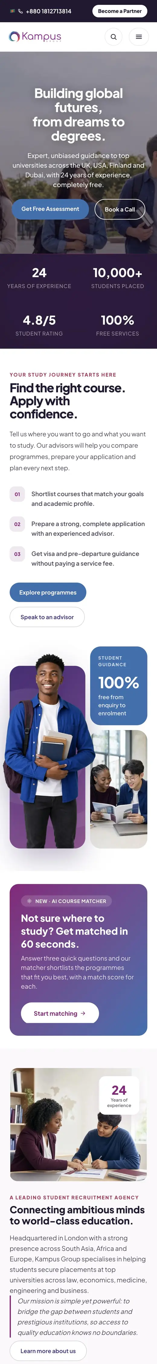 Kampus Group homepage on a phone: hero, stats, course guidance, AI course matcher and about section